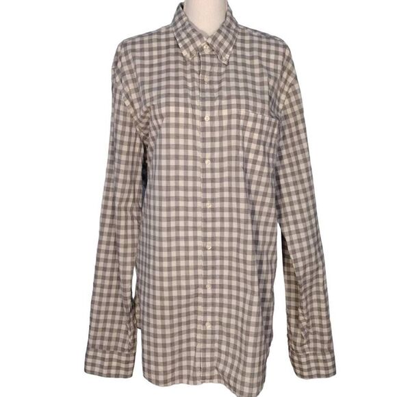 J Crew Button Front Long Sleeve Gray White Plaid Shirt XLT - Picture 1 of 7